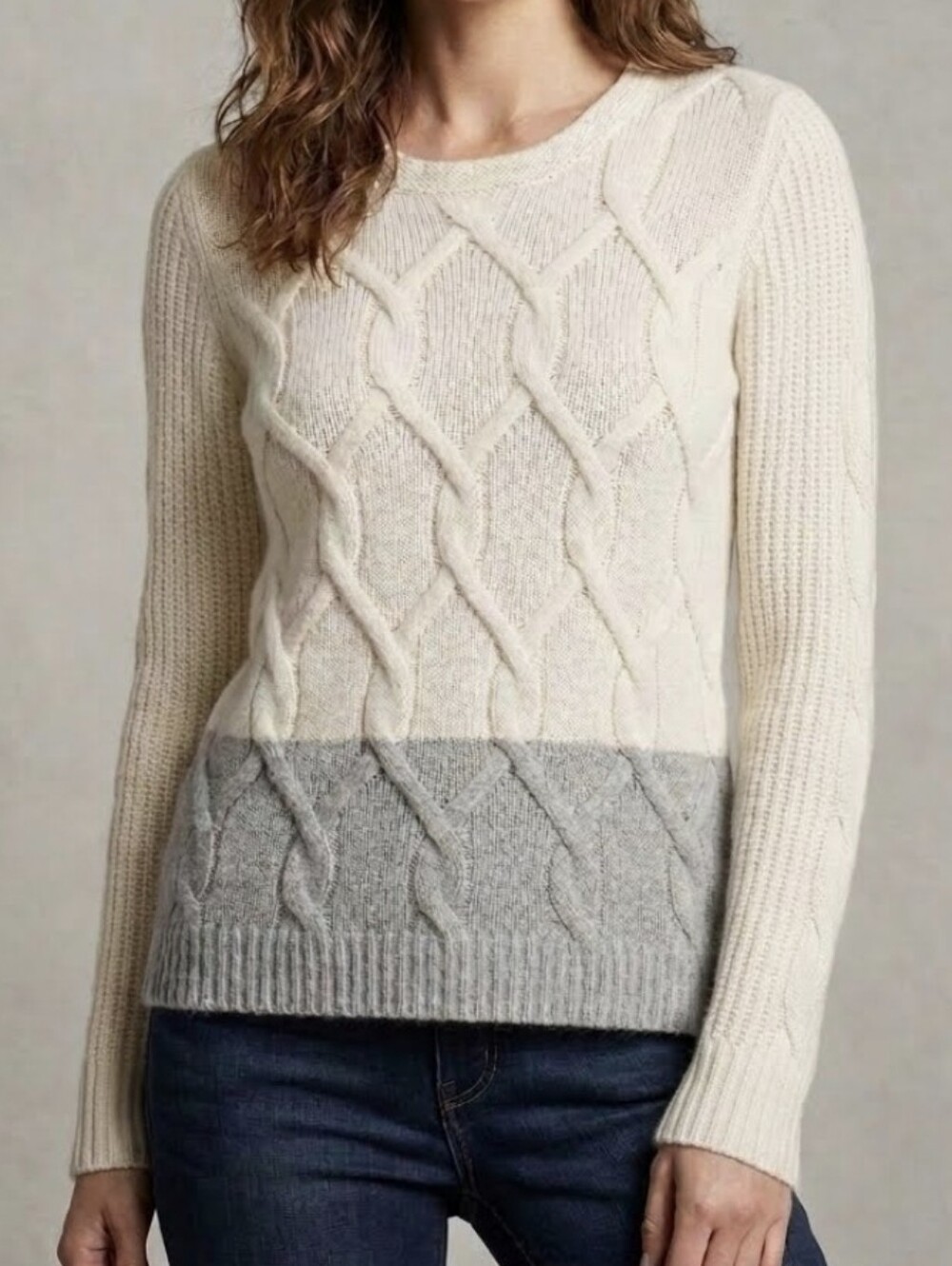 Ann Taylor Color Block Cream Geay Cashmere Wool Blend Knit Sweater Size M